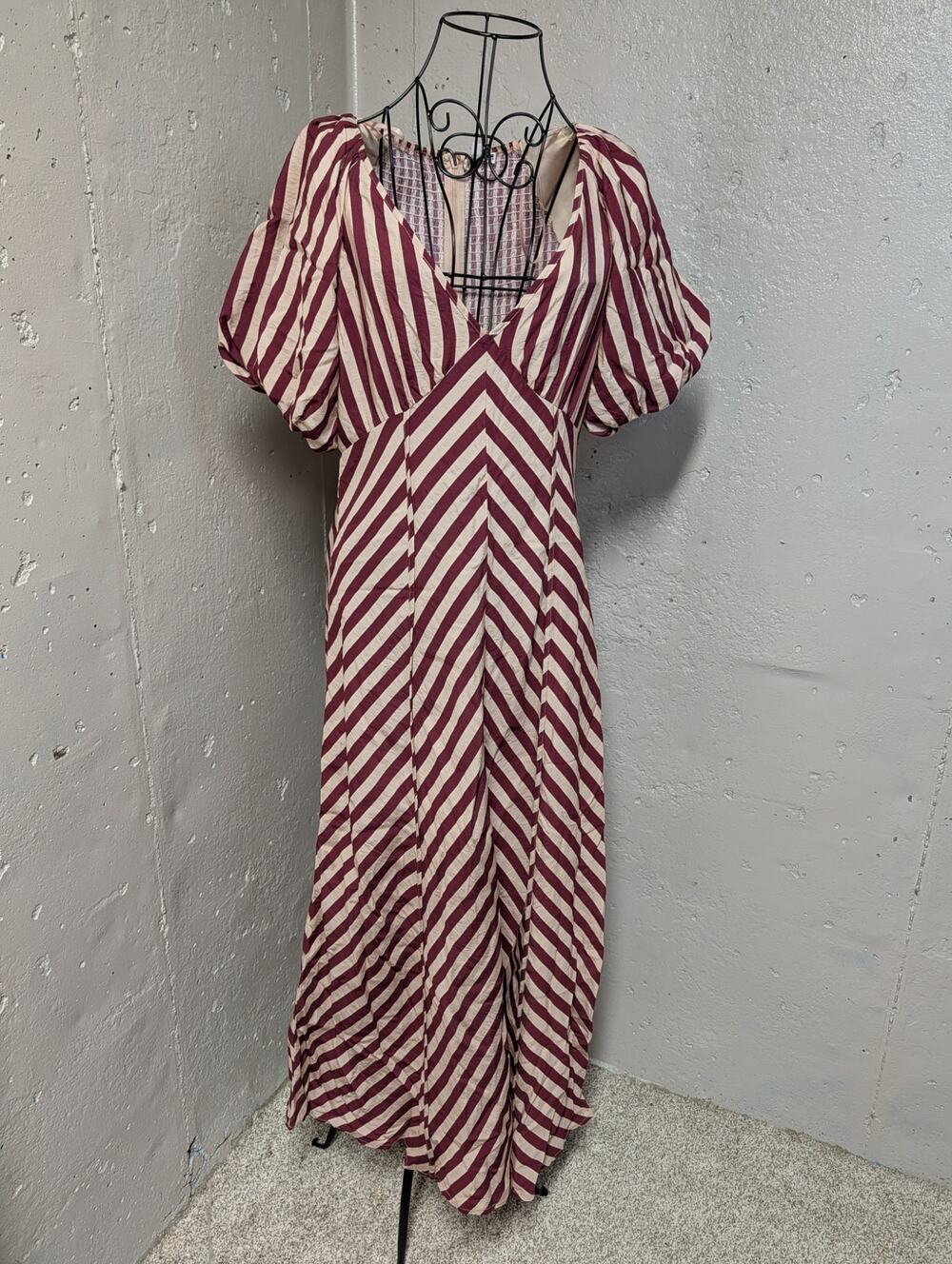 TCEC Burgundy Cream Striped Puff Sleeve Maxi Dress Romantic game day
